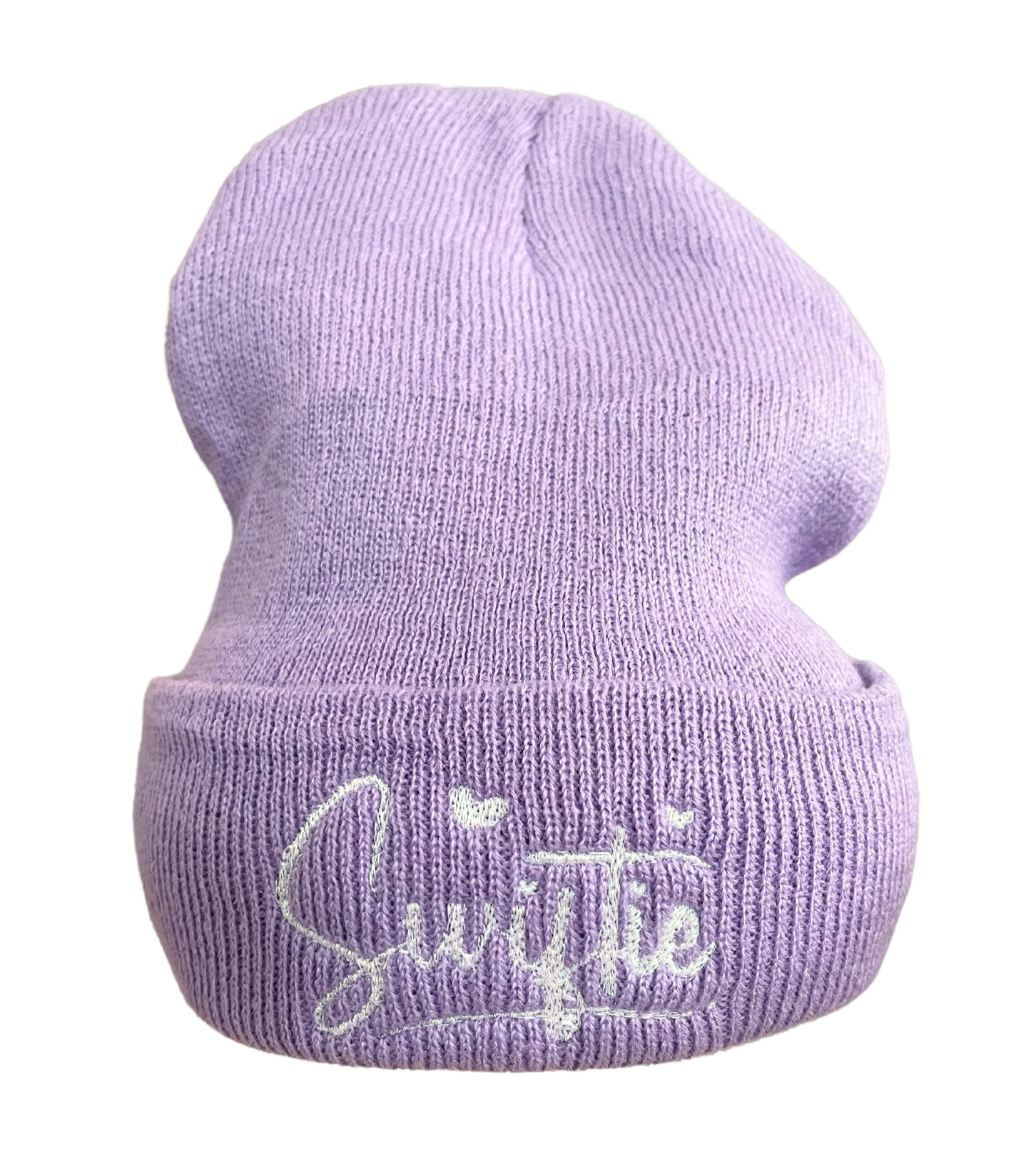 Youth Lavender Swiftie Beanie with white embroidery inspired by Taylor Swift's "Lavender Haze".