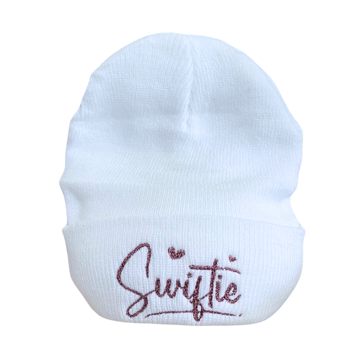 Pink metallic "Swiftie" embroidered on white beanie