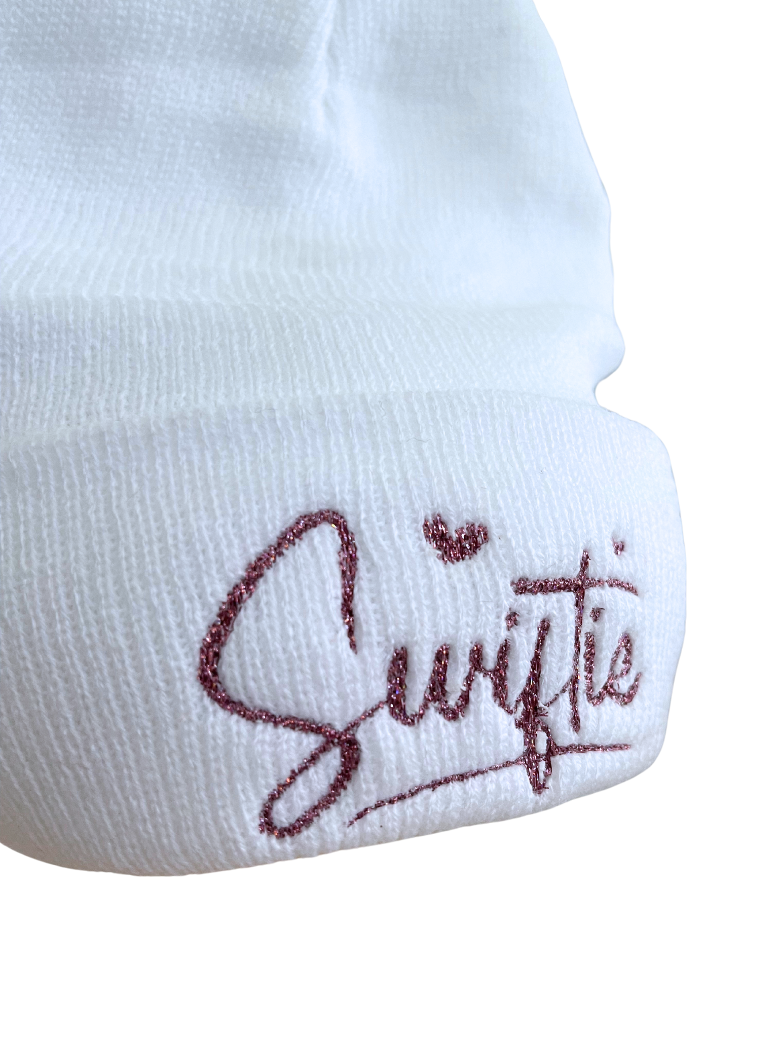 Pink metallic "Swiftie" embroidered on white beanie