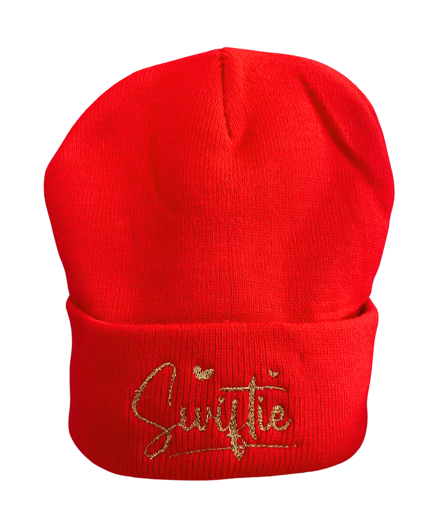 Gold metallic "Swiftie" embroidered on red beanie