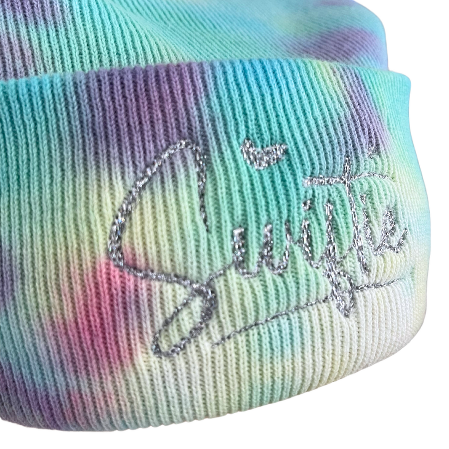 Silver holographic "Swiftie" embroidered on tie-dye beanie