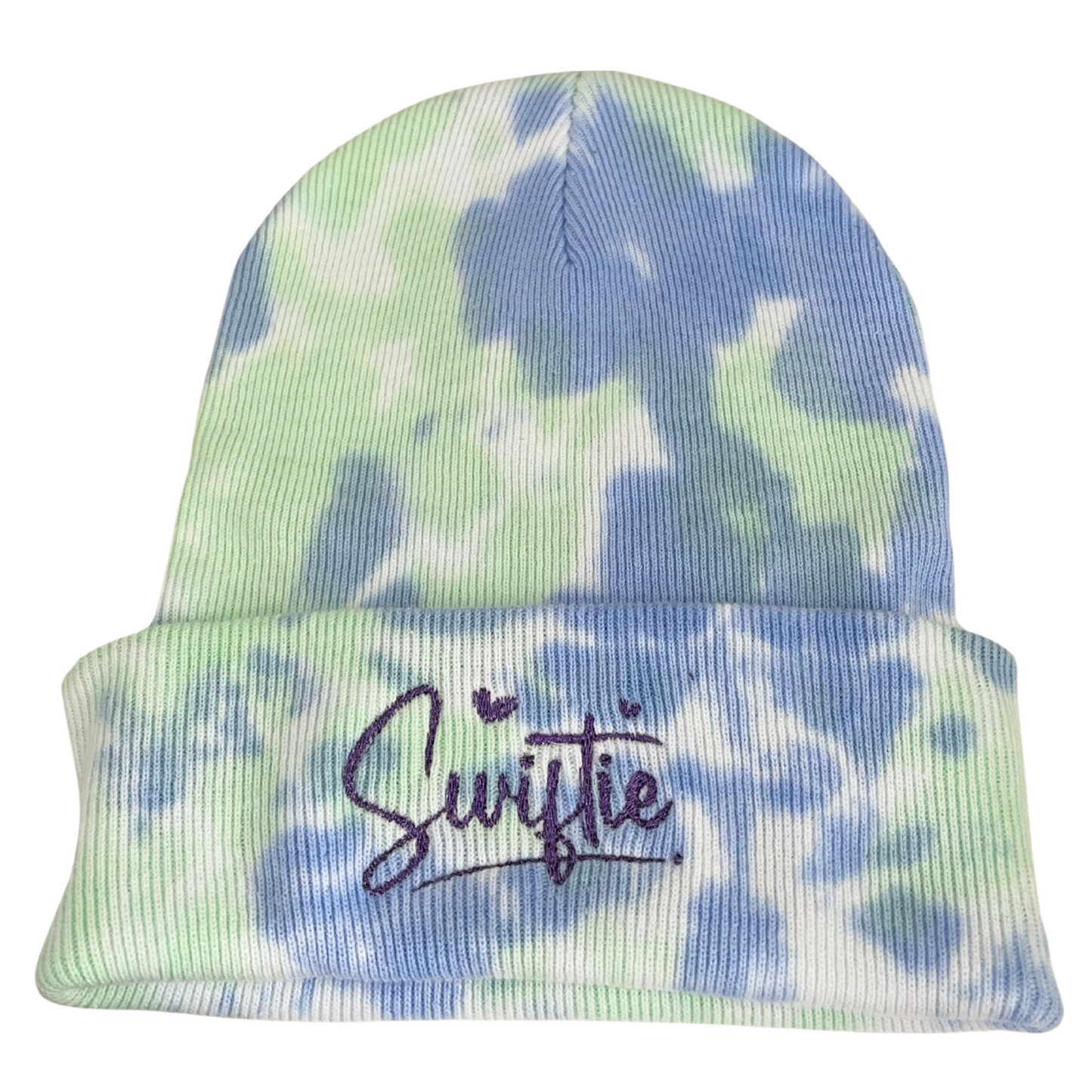Adult blue and green tie-dye beanie with purple metallic Swiftie embroidery.
