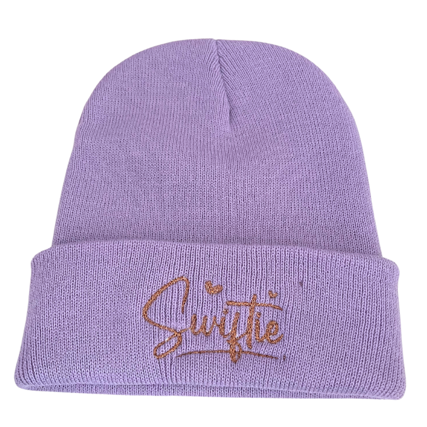 Copper metallic "Swiftie" embroidered on lavender beanie