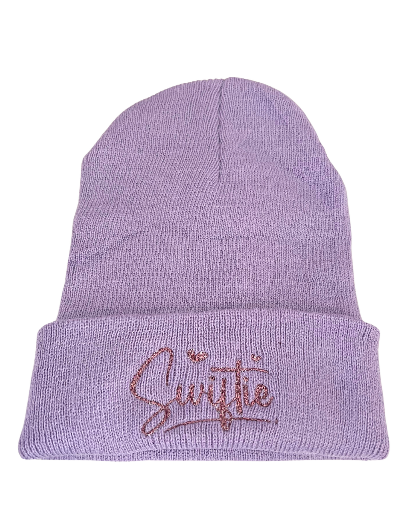 Pink metallic "Swiftie" embroidered on lavender beanie