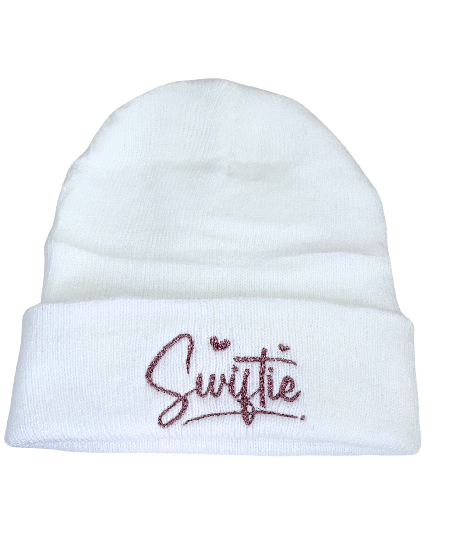Youth white beanie with pink metallic "Swiftie" embroidery.