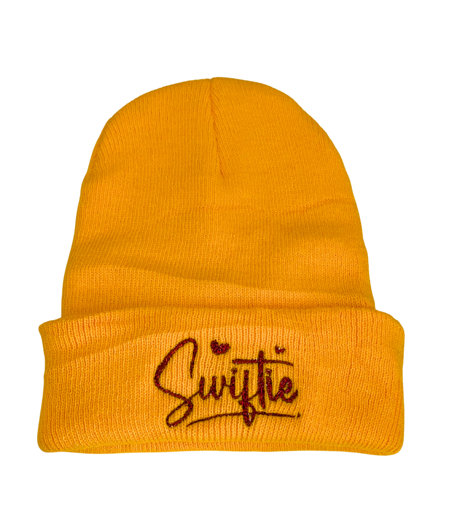 Red metallic "Swiftie" embroidered on golden yellow beanie