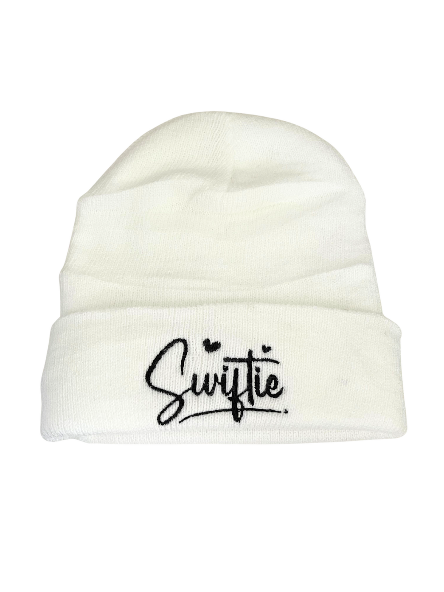 Black "Swiftie" embroidered on white beanie