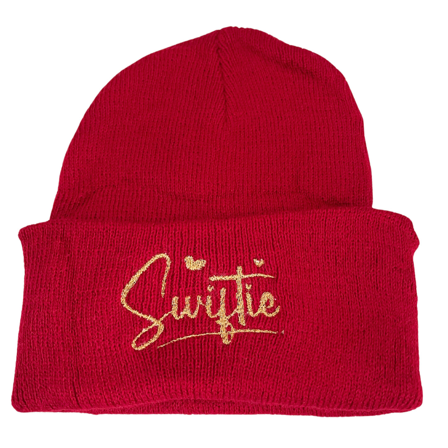 Gold embroidered "Swiftie" on red beanie