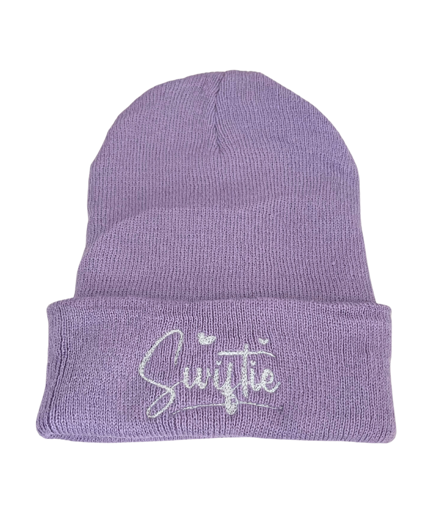 White embroidered "Swiftie" directly onto lavender beanie
