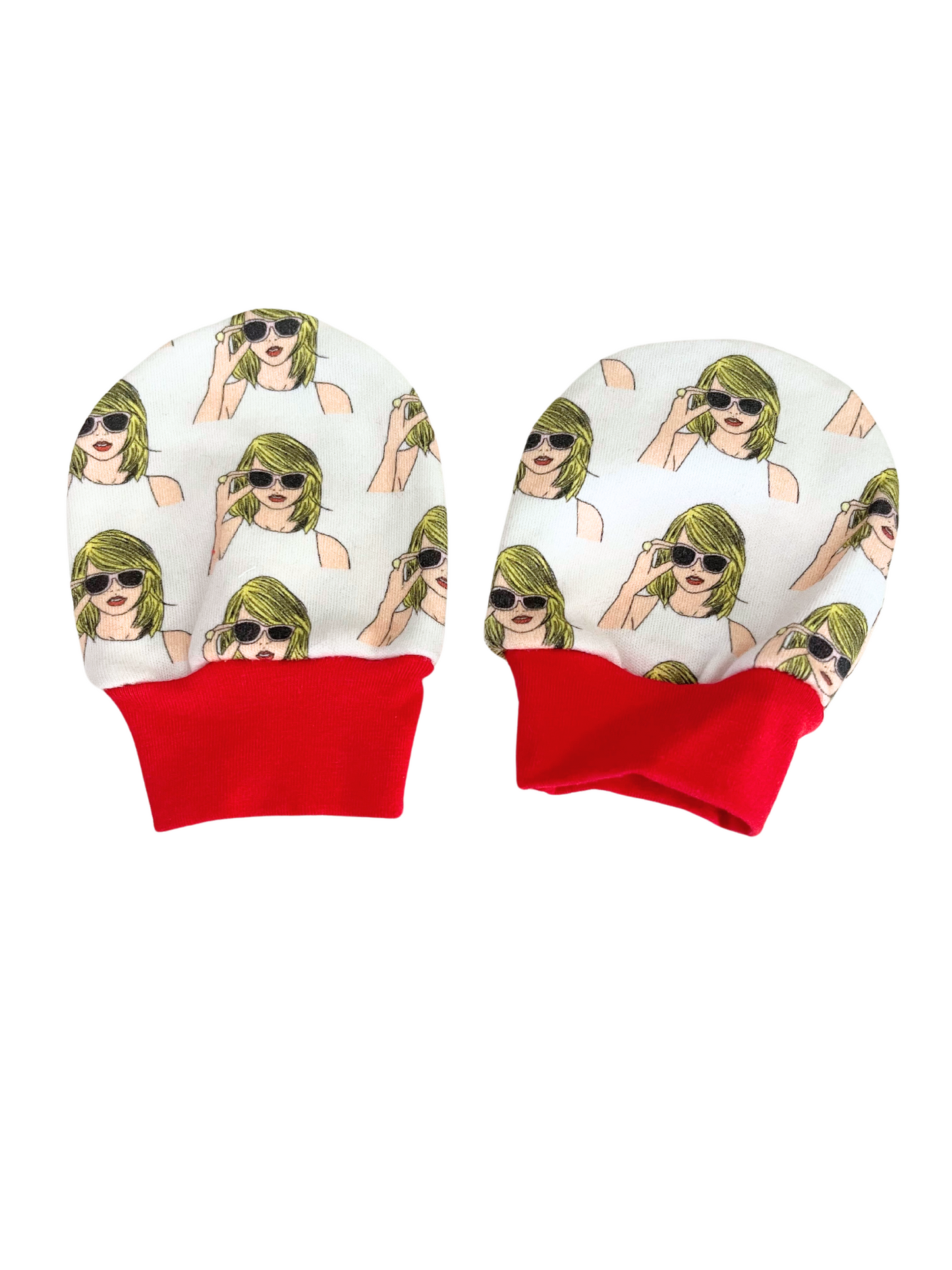 Taylor Swift Baby Scratch Mittens | Organic Cotton Knit with Red Cuffs | Newborn to 6 Months