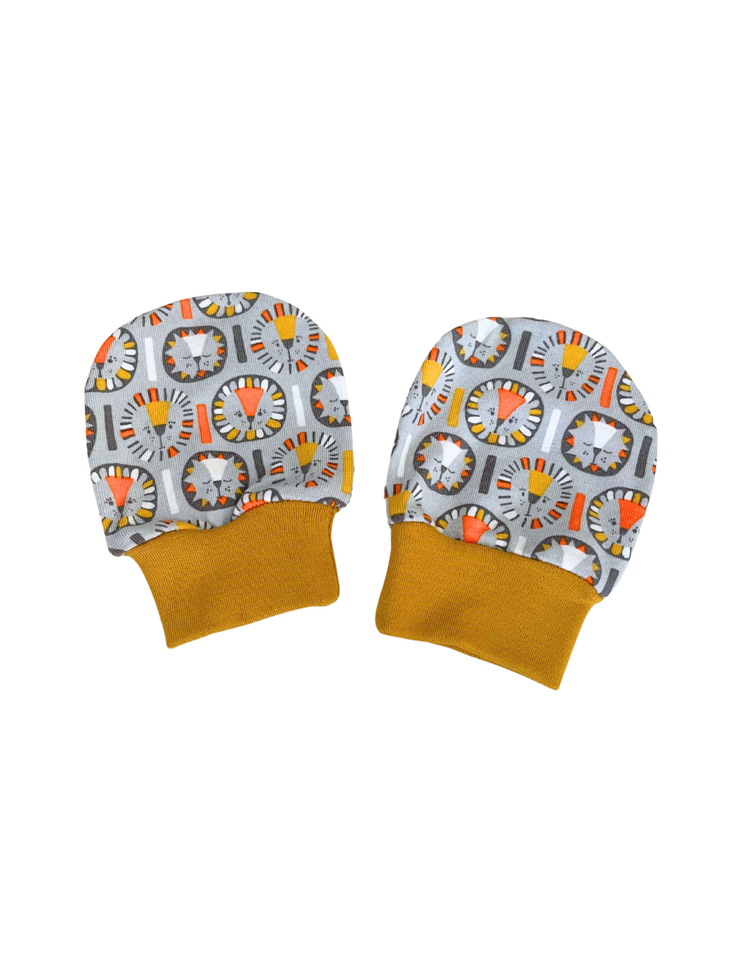 Adorable lion baby scratch mittens with mustard cuffs, organic cotton, grey background, newborn to 6 months.