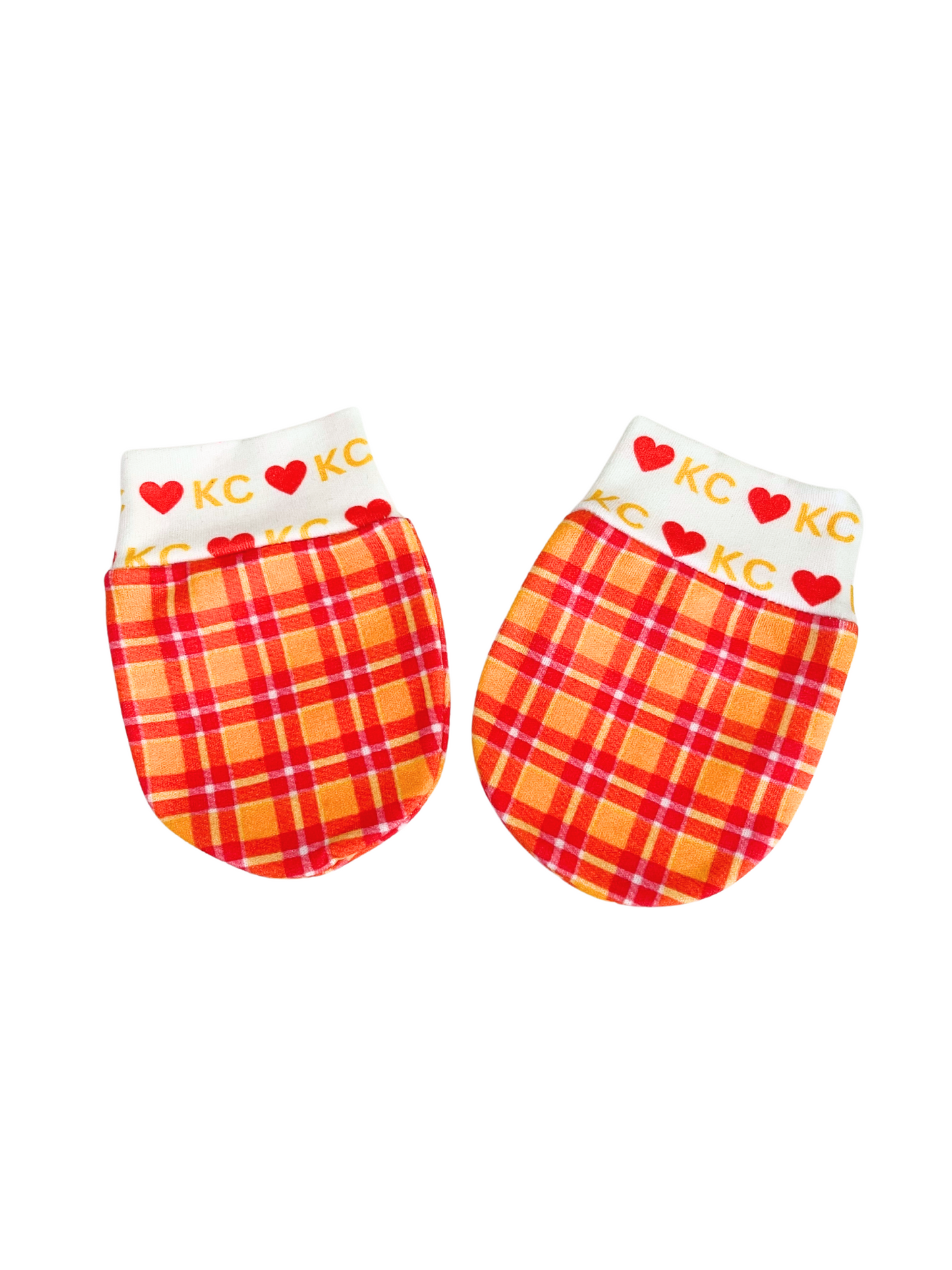 Kansas City Love Baby Scratch Mittens in red and orange plaid with KC heart pattern cuffs, organic cotton, newborn to 6 months.