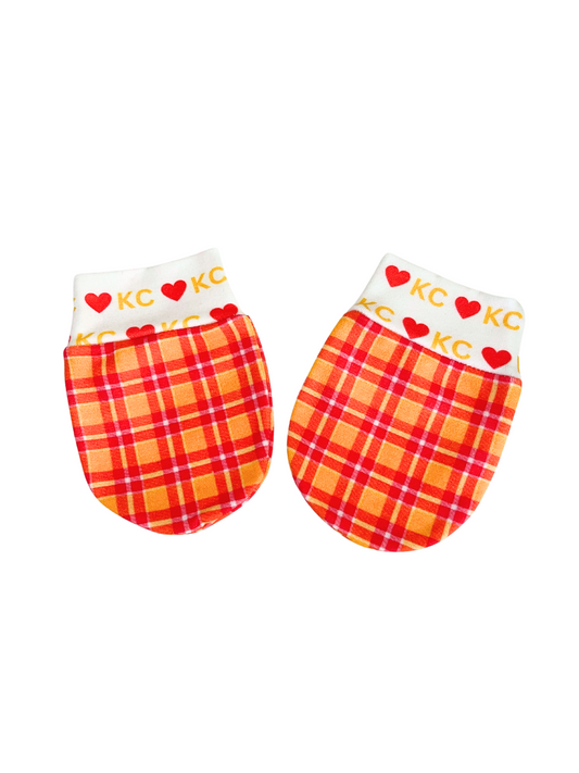 Kansas City Love Baby Scratch Mittens in red and orange plaid with KC heart pattern cuffs, organic cotton, newborn to 6 months.