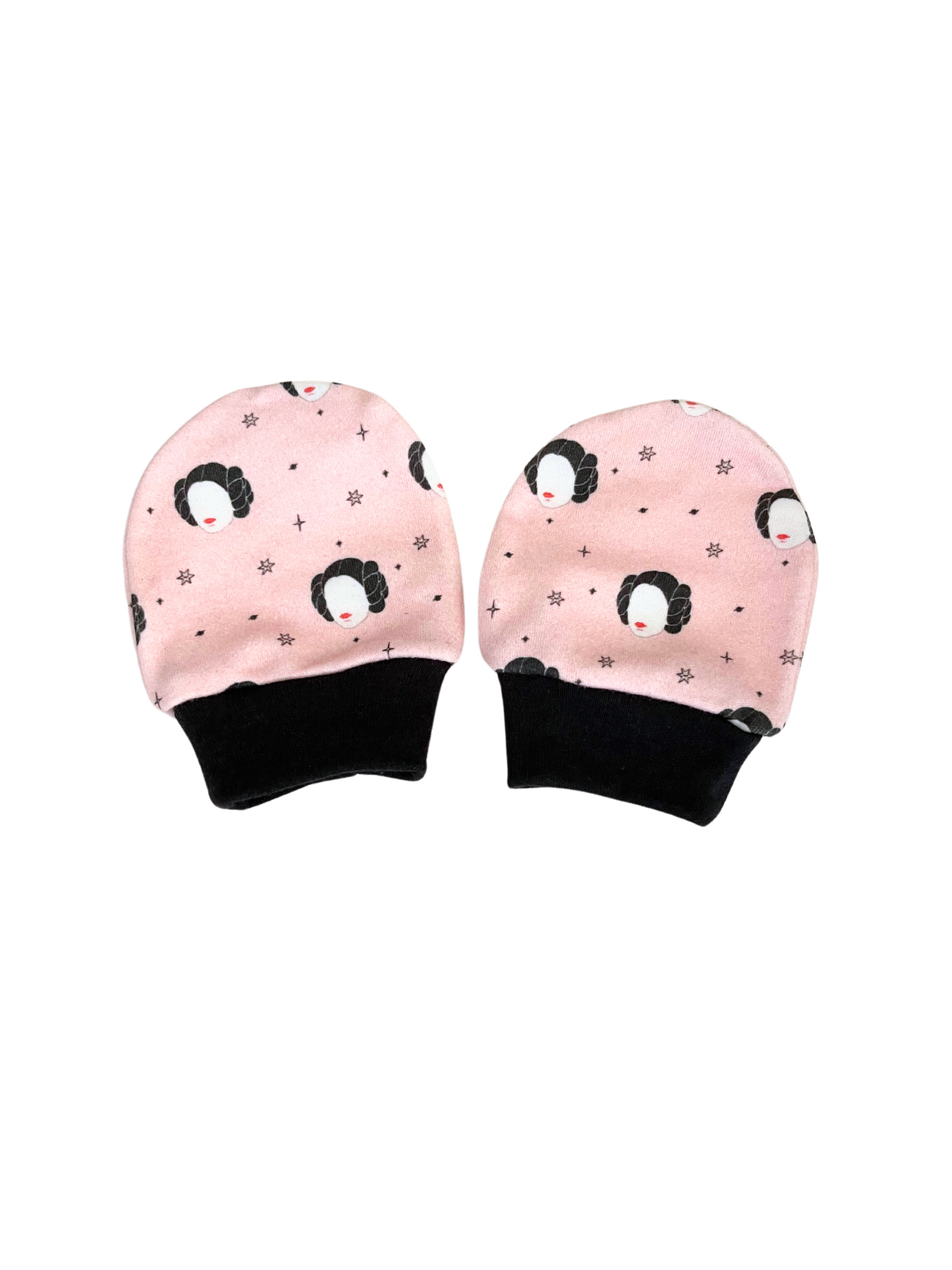 Princess Leia baby scratch mittens with pink and black pattern, organic cotton, newborn to 6 months.