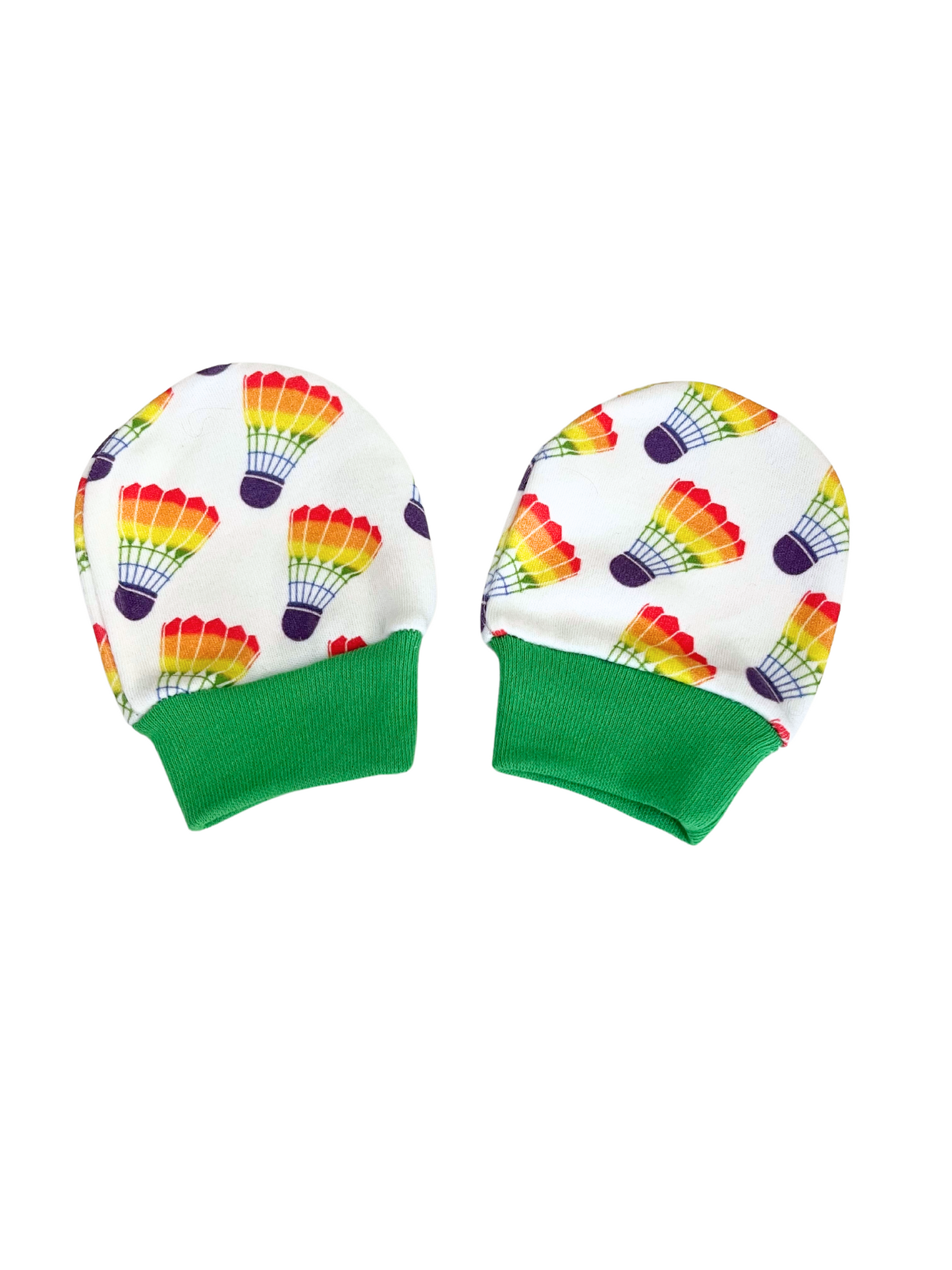 Kansas City Pride Baby Scratch Mittens with colorful shuttlecock pattern and green cuffs.