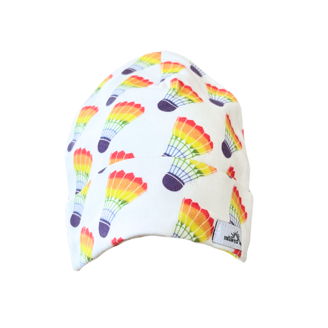 Organic Cotton Baby Beanie with colorful shuttlecock design, handmade for infants 0-3 months.