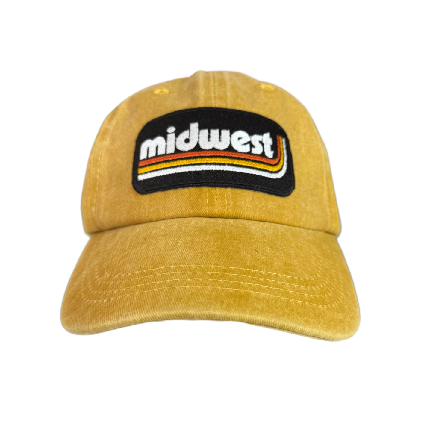 Retro Midwest patch mustard yellow hat, handmade and heat pressed in Kansas City.