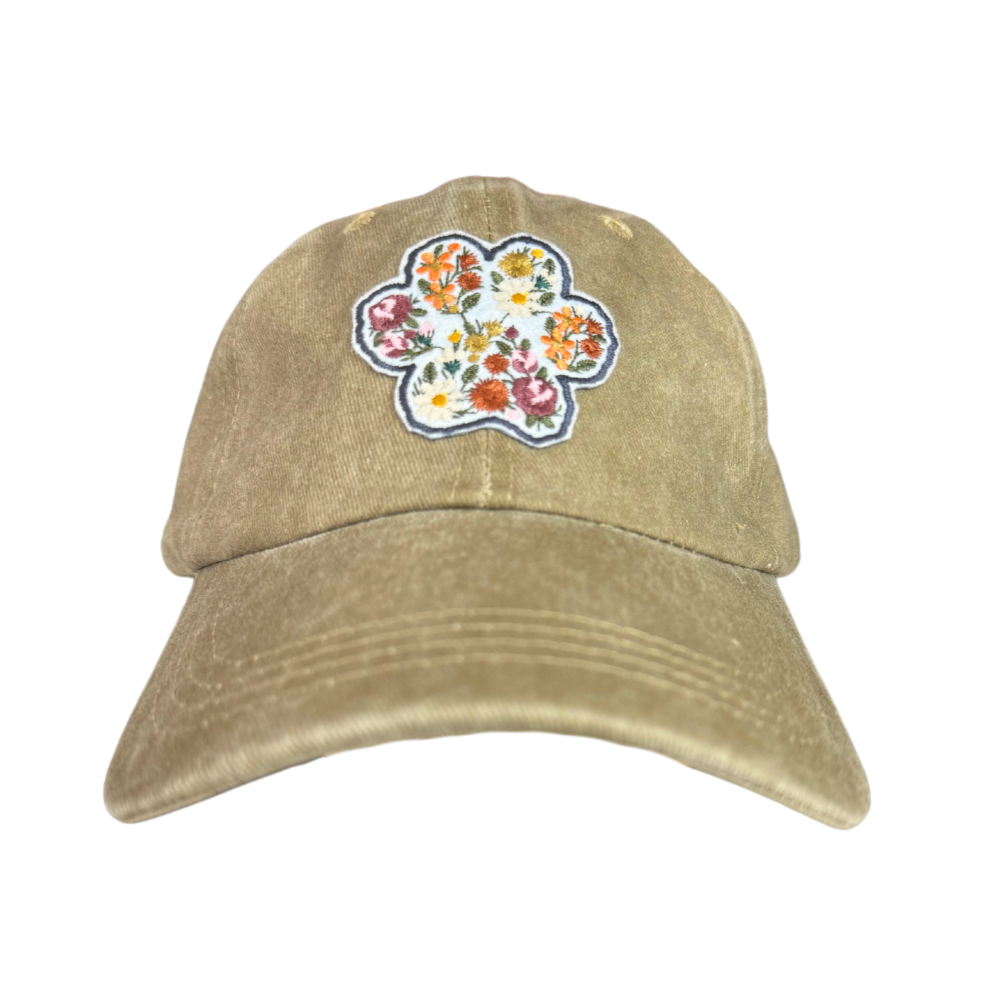 Olive green hat with a floral dog paw print patch, handmade in Kansas City.