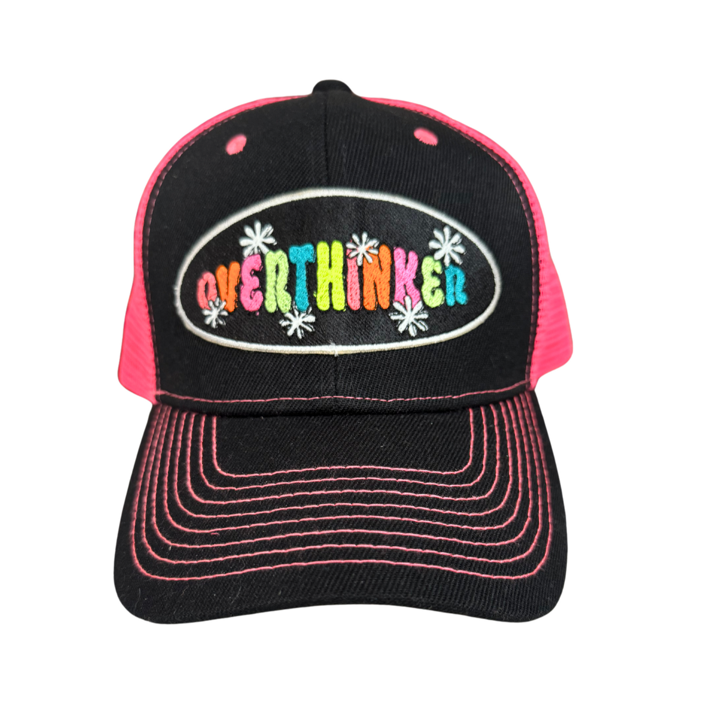 Bright pink and black "Overthinker" trucker hat with colorful embroidered patch, handmade in Kansas City.