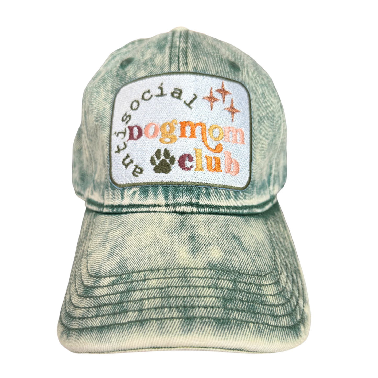 Distressed green hat with "Anti-Social Dog Mom Club" custom embroidered patch, handmade in Kansas City.