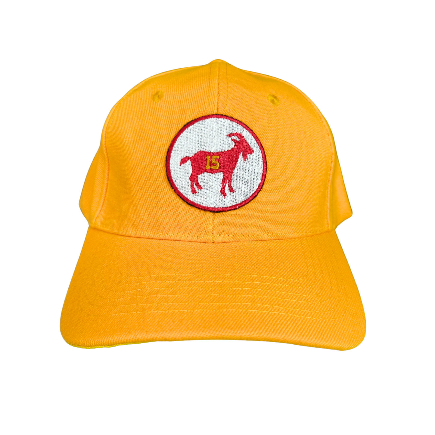 Custom embroidered Patrick Mahomes GOAT yellow hat with red goat patch, handmade in Kansas City.