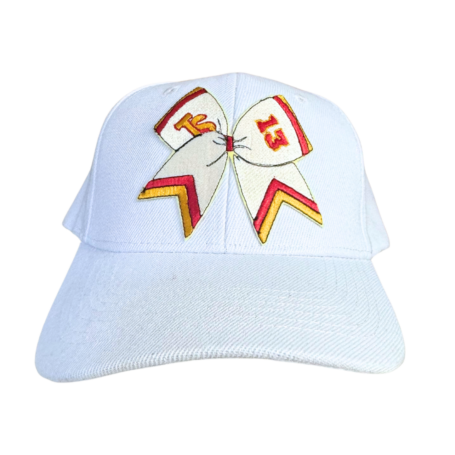 Custom embroidered white cap with KC Chiefs colors and TS bow patch.