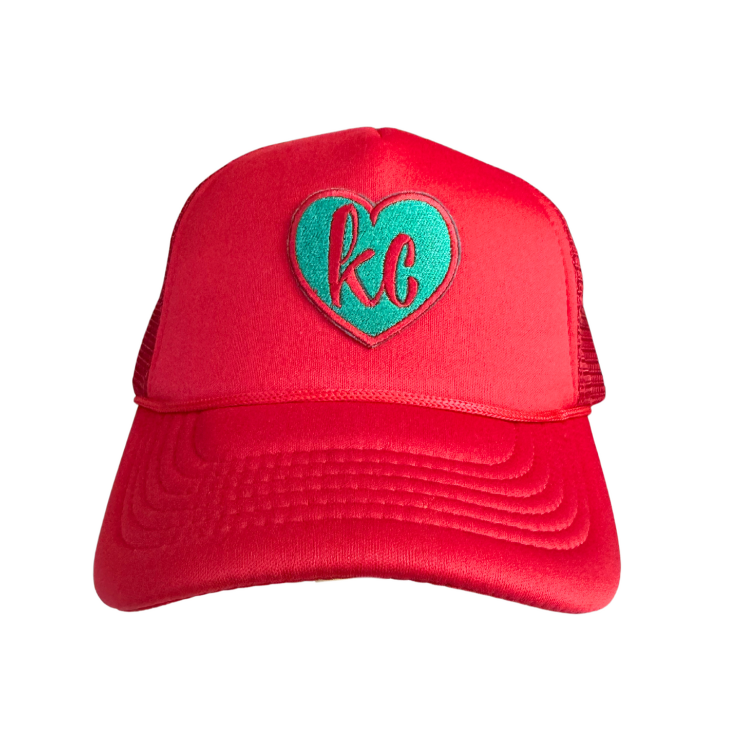 KC Current Heart Hat, custom embroidered red and teal trucker cap, handmade in Kansas City.