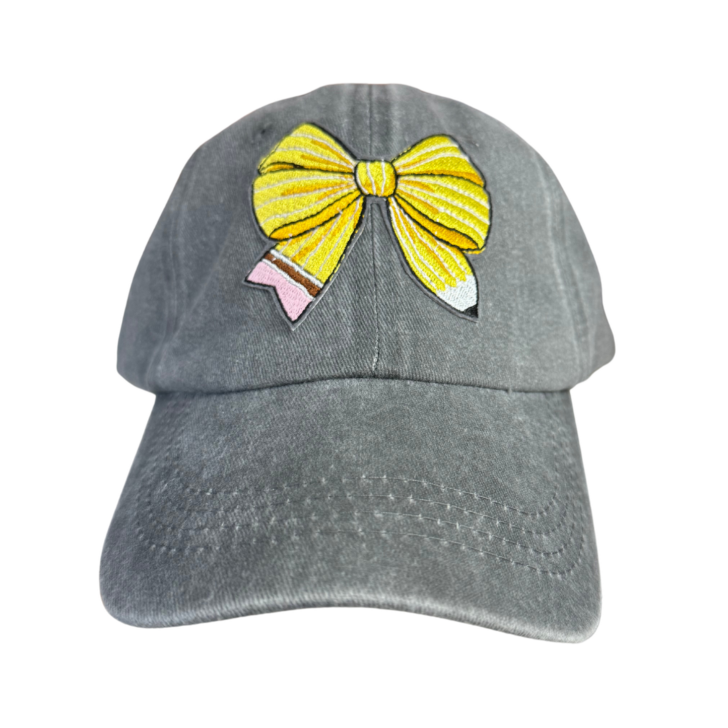 Custom Embroidered Gray Cap with #2 Pencil Bow Patch for Teachers