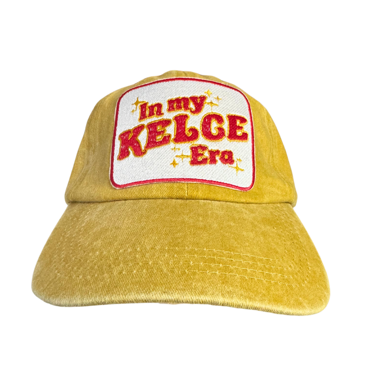 Custom embroidered "In My Kelce Era" mustard yellow cap, handmade in Kansas City.