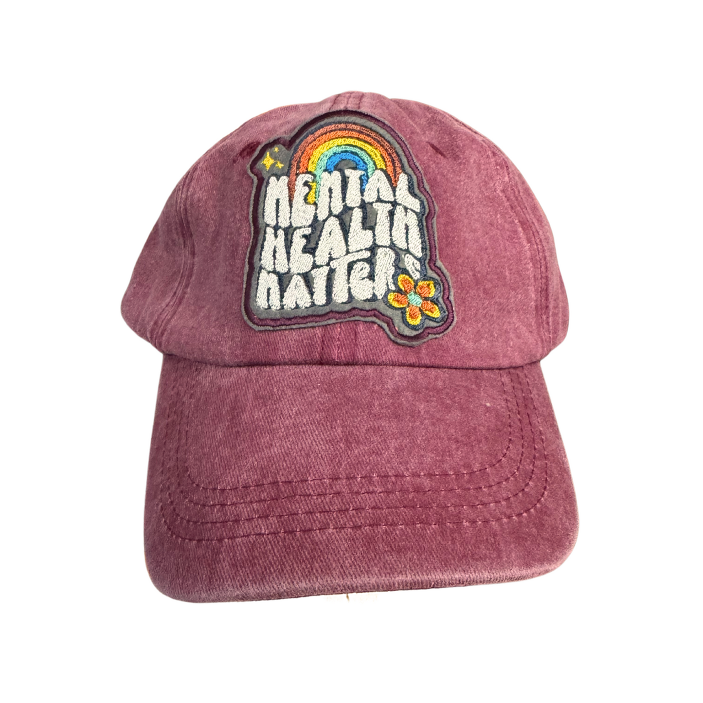 "Mental Health Matters" hat with rainbow and flower patch on mauve cap, handmade in Kansas City.