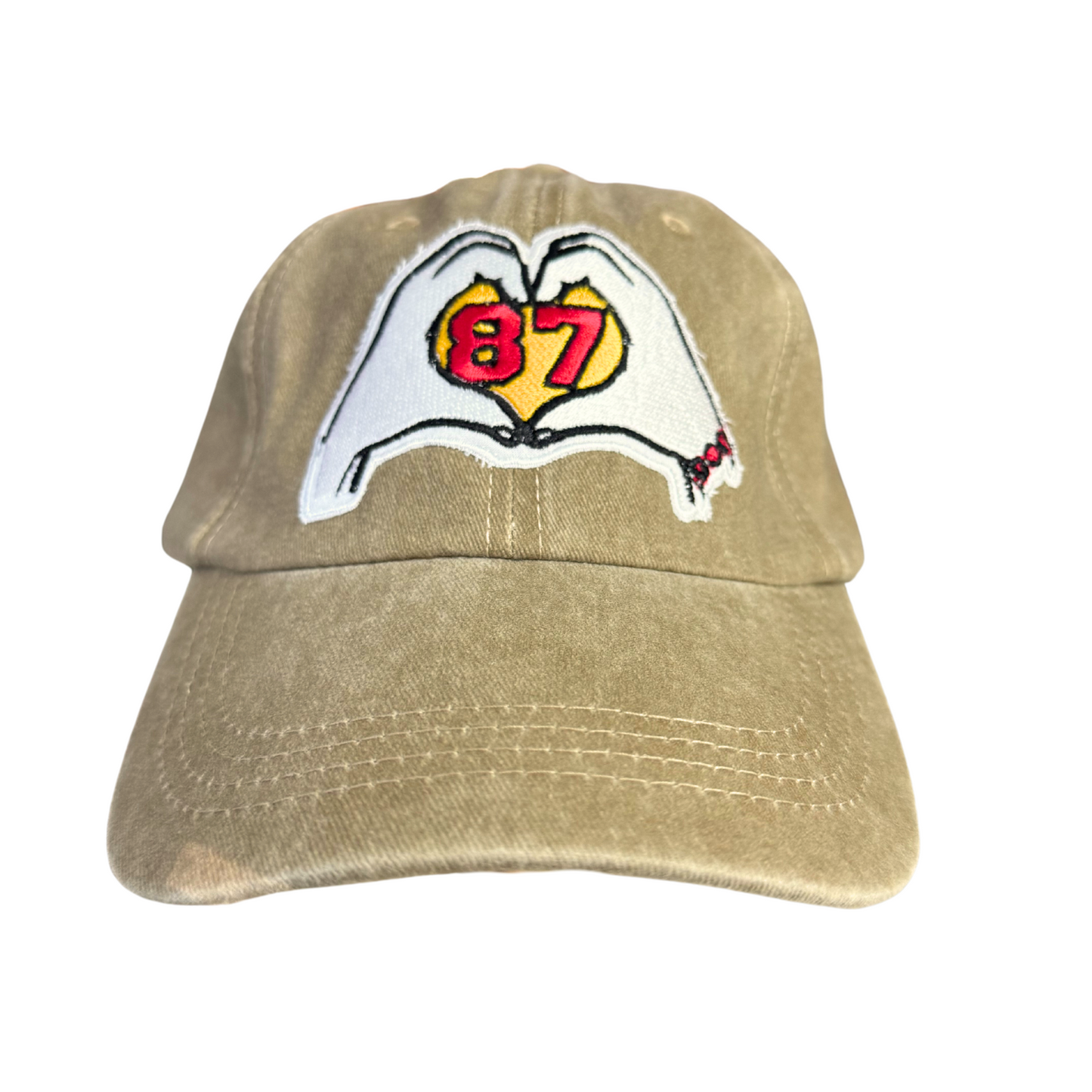 Beige cap with custom embroidered heart hands patch, featuring the number 87, inspired by Taylor Swift and Travis Kelce Super Bowl crossover.