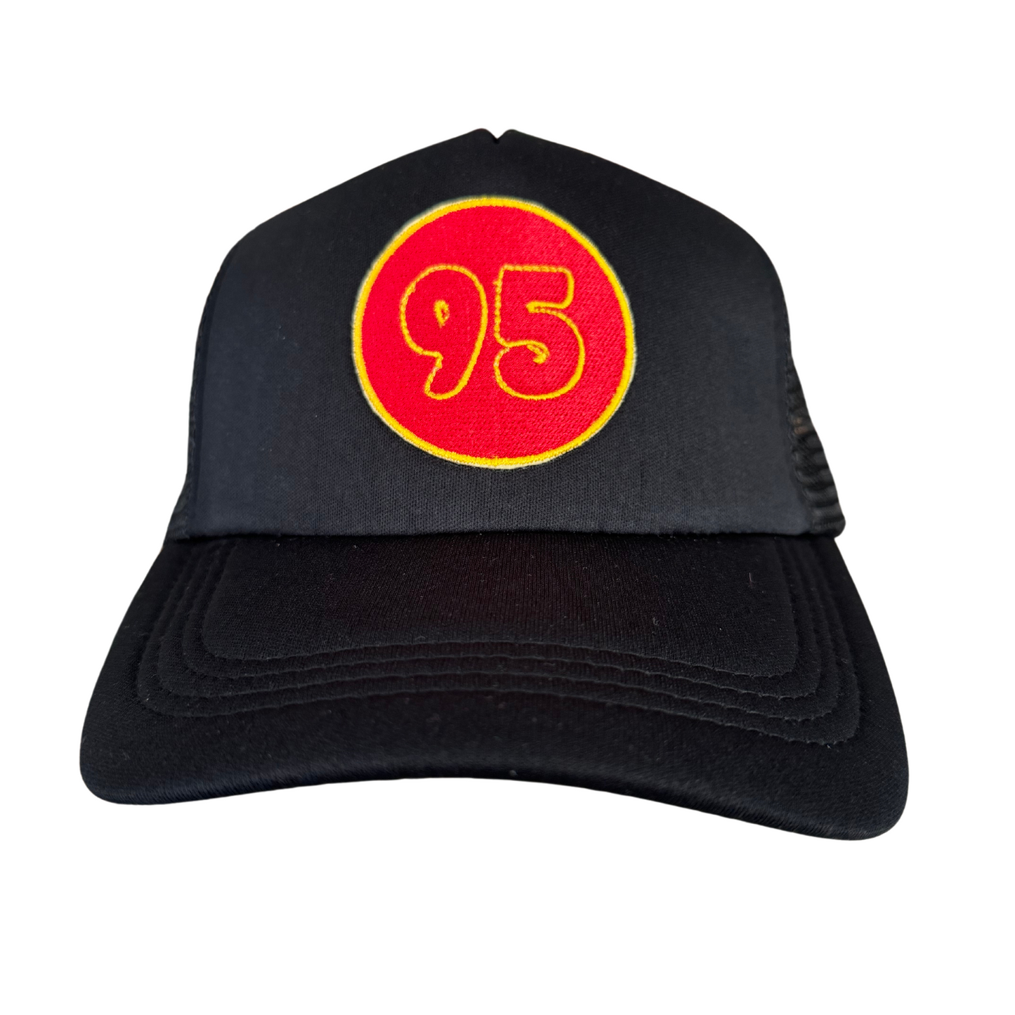 Kansas City Chiefs 95 Chris Jones embroidered trucker hat close-up.
