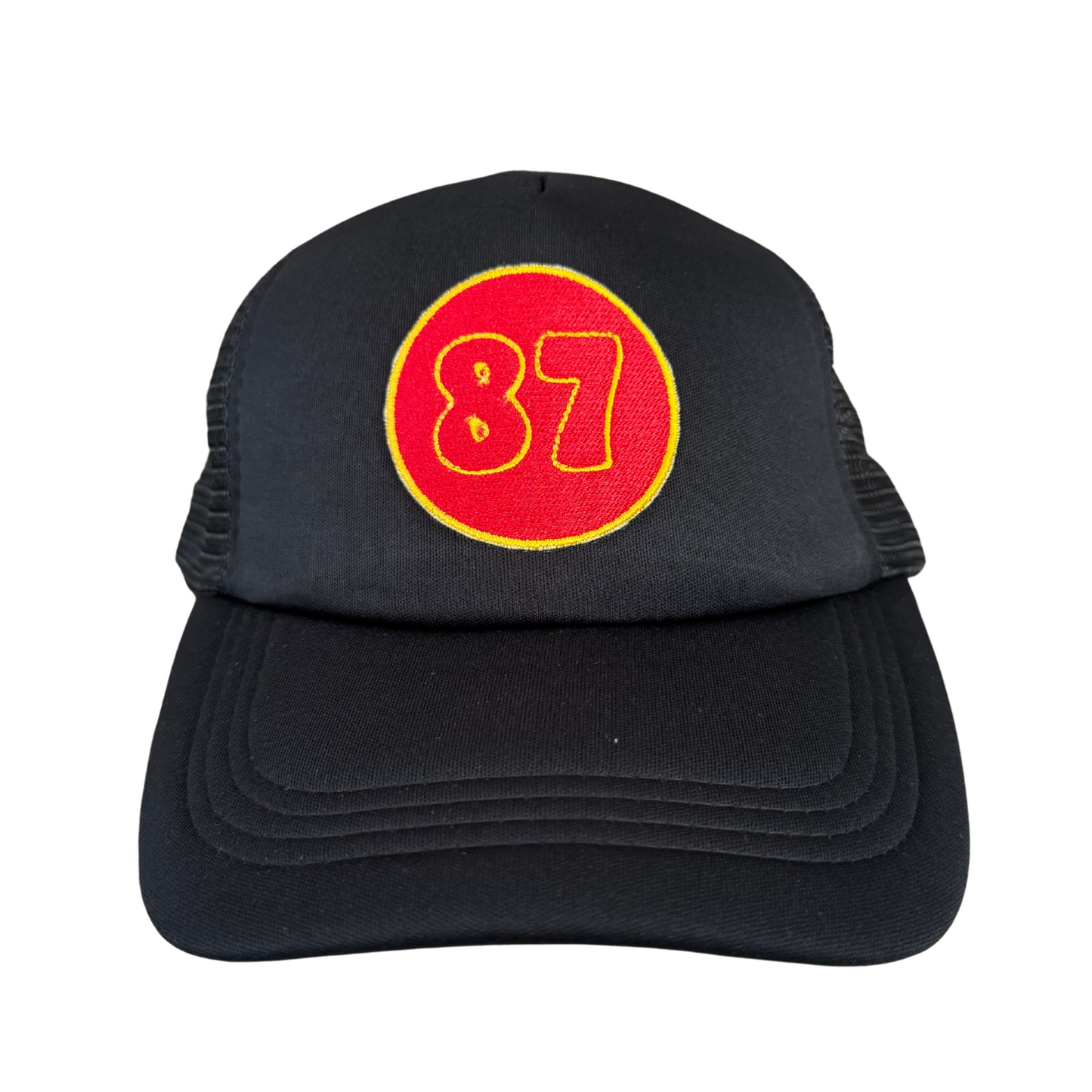 Kansas City Chiefs 87 Travis Kelce Custom Trucker Hat with Embroidered Red and Yellow Patch on Black Hat