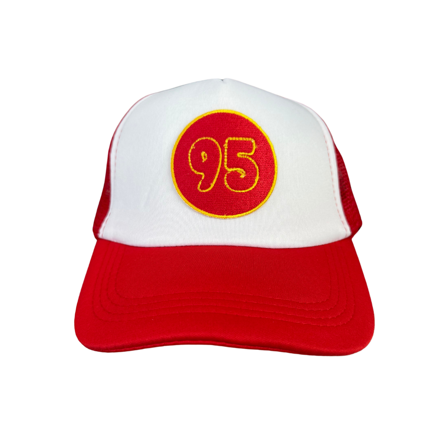 Kansas City Chiefs 95 Chris Jones red and white trucker hat with embroidered patch.