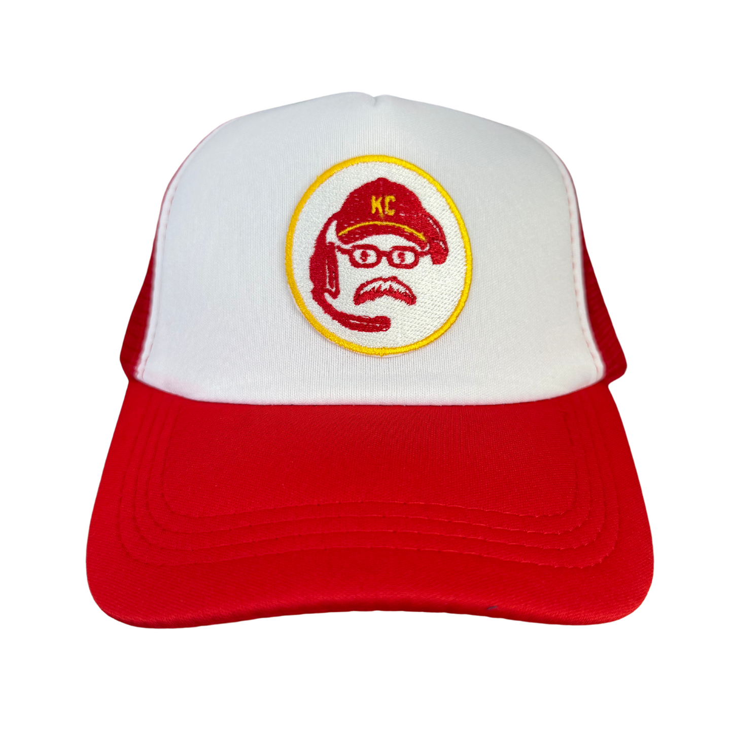 Kansas City Chiefs Coach Andy Reid red and white trucker hat with embroidered patch.