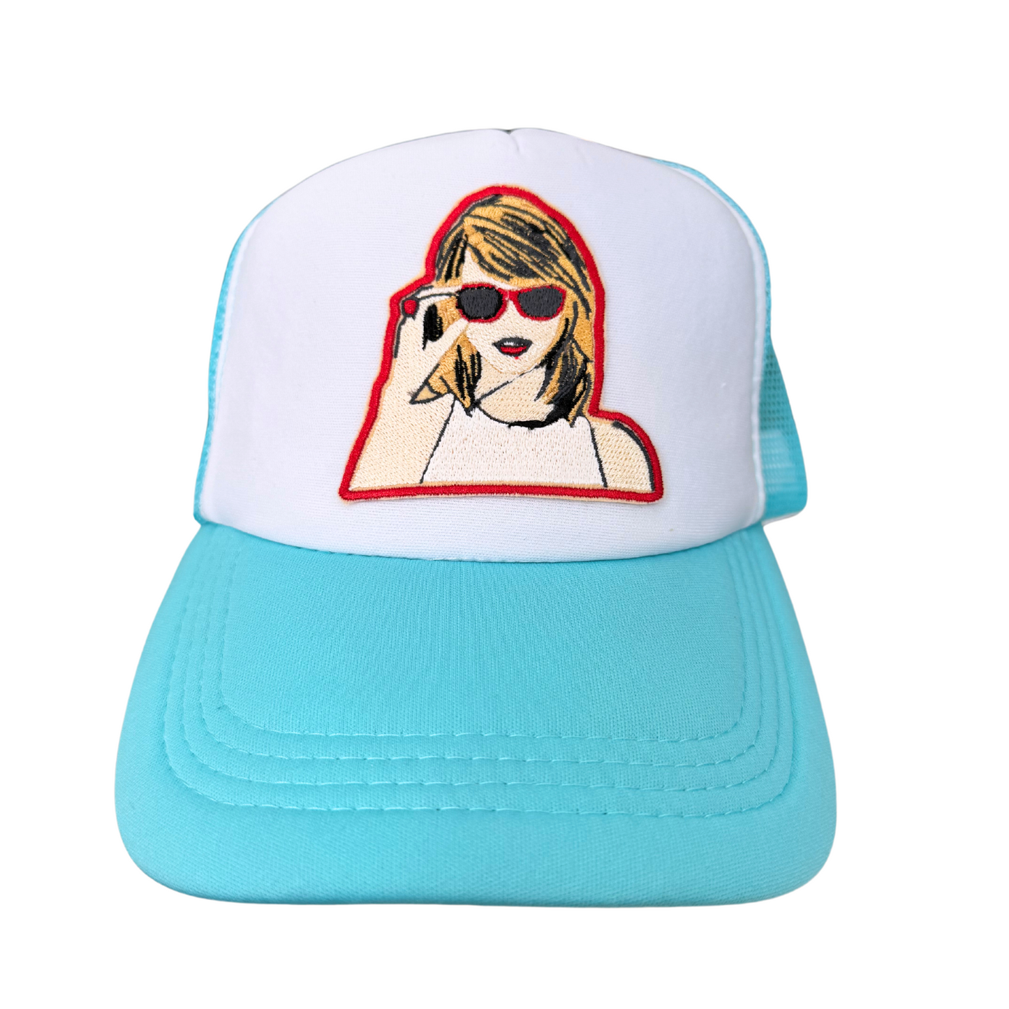 Taylor Swift Portrait Trucker Hat with Embroidered Patch, Aqua Blue and White