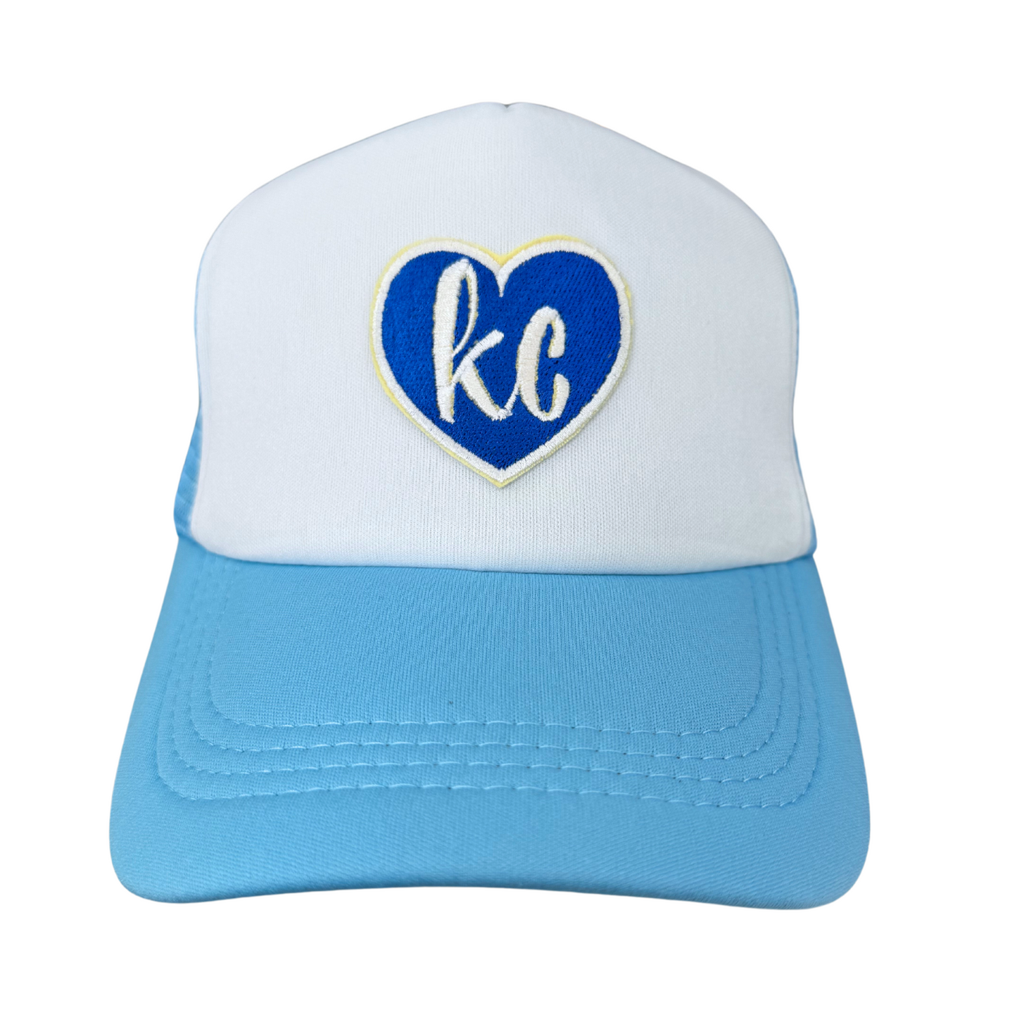 KC Royals Colors Heart "KC" Trucker Hat with Embroidered Patch, blue and white, handmade in Kansas City.