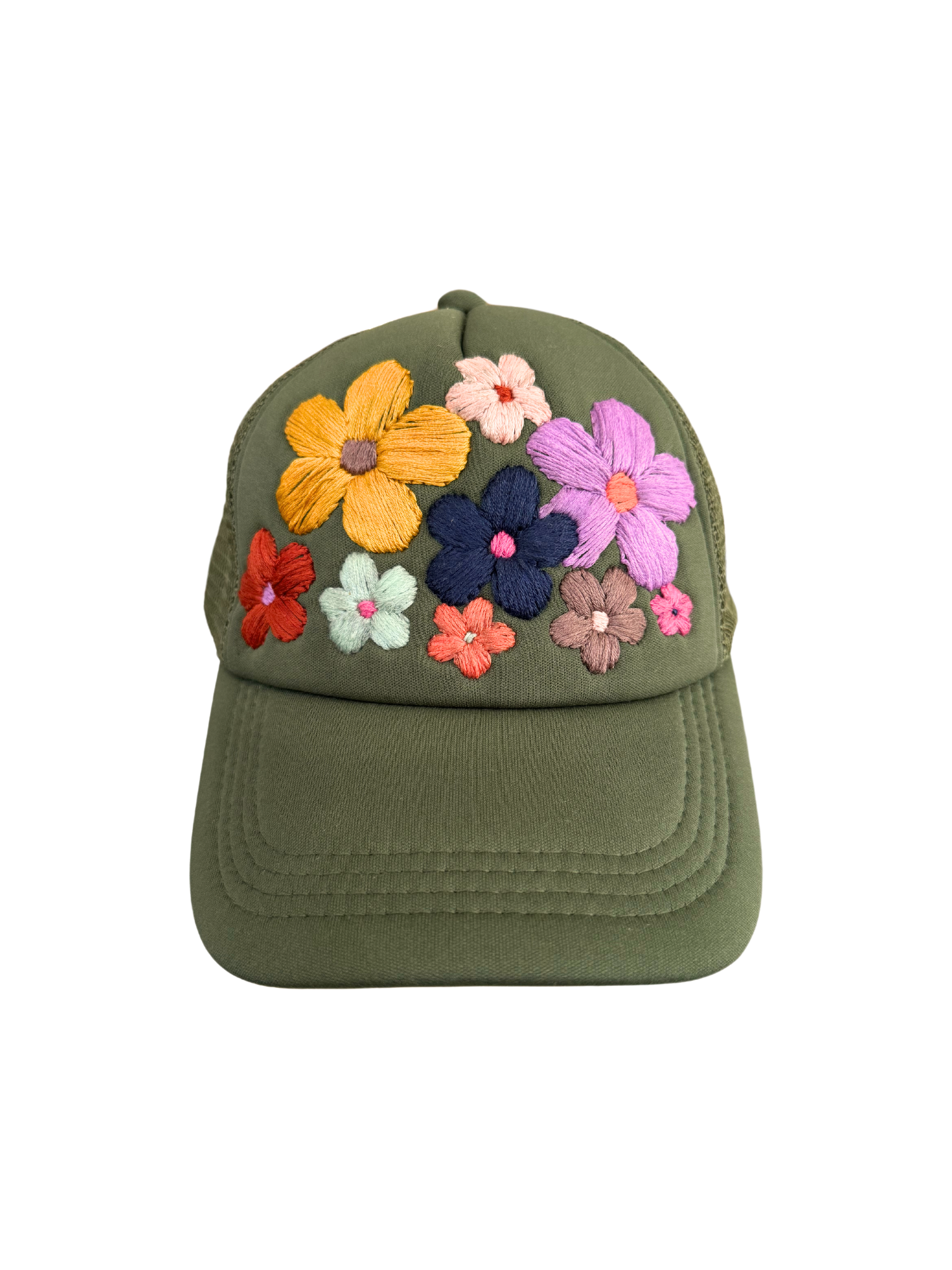 Olive green floral hat with hand-embroidered colorful flowers, made in Kansas City, ready to ship.