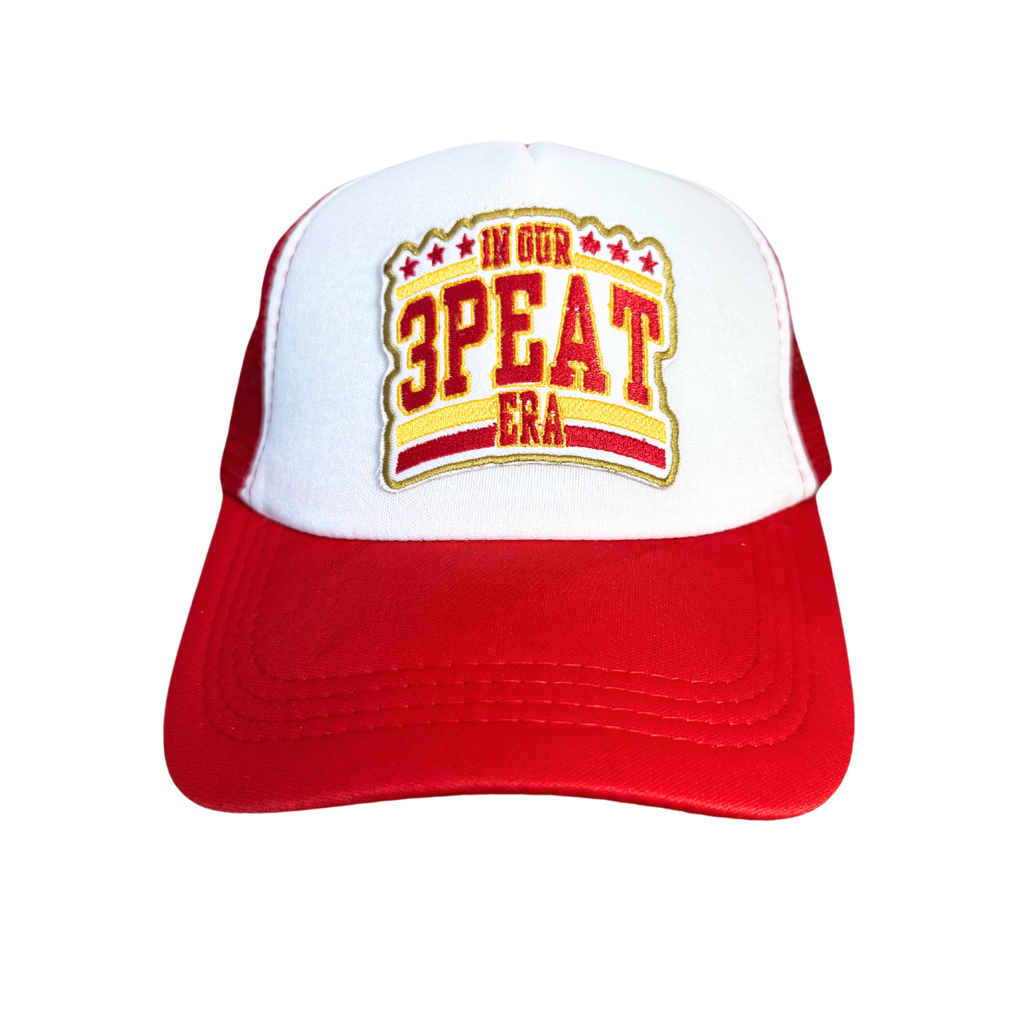 Kansas City Chiefs "3Peat Era" trucker hat with embroidered patch, handmade in Kansas City.