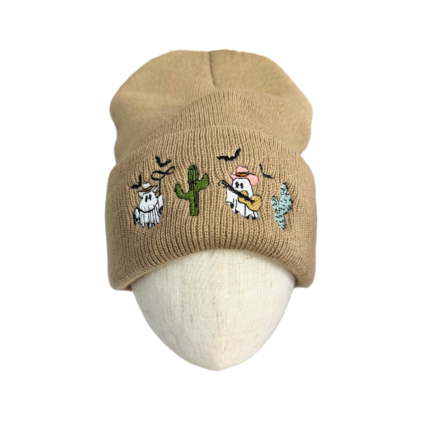 Adult Western Ghosts Embroidered Beanie with cowboy hat and Halloween theme in tan.