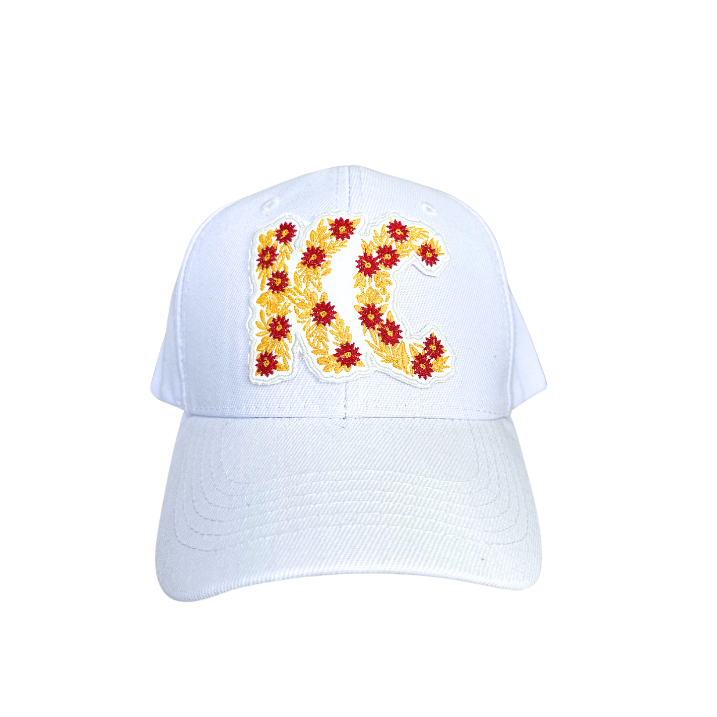 Adult size floral "KC" hat in Kansas City Chiefs colors, handmade, embroidered with red and yellow flowers.