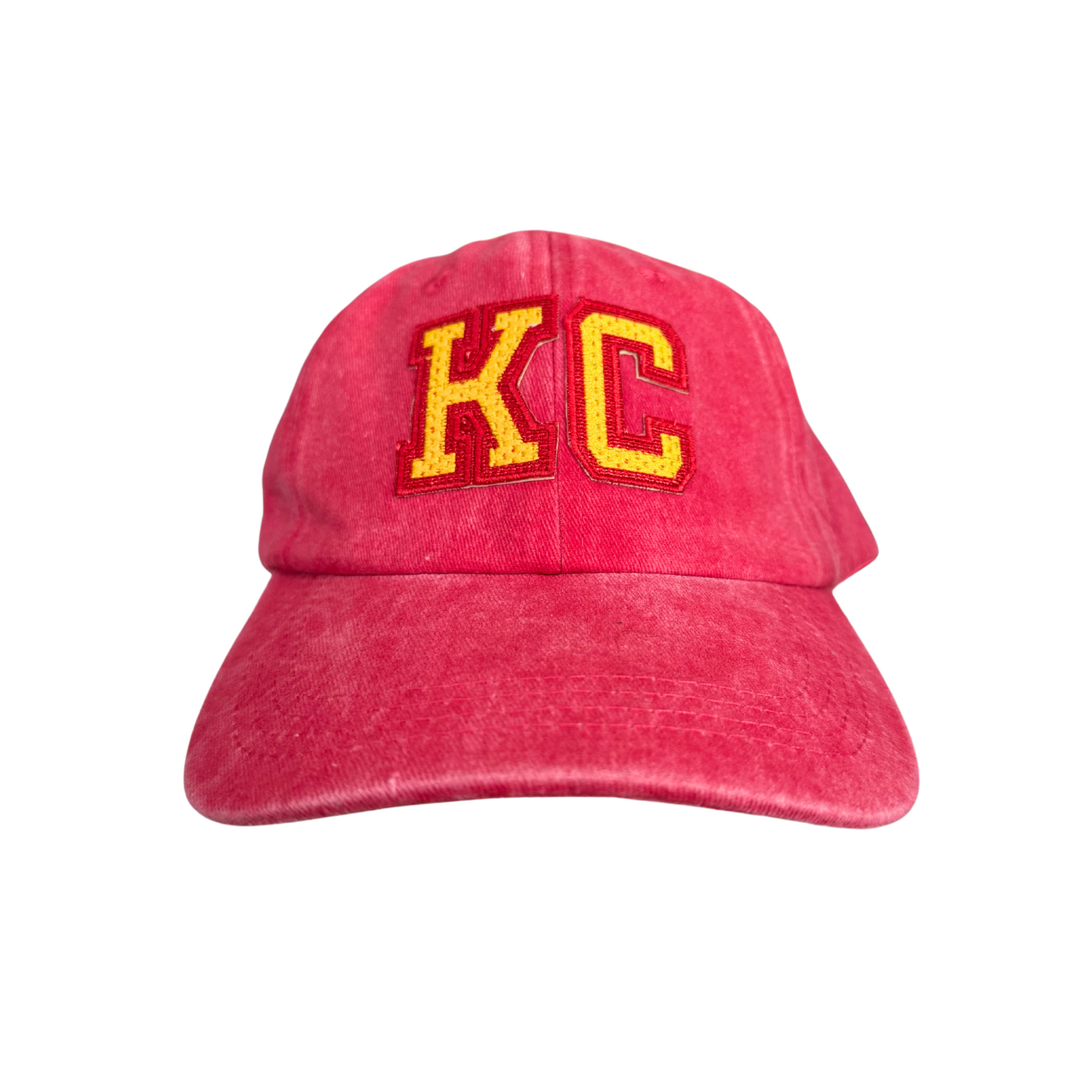 Kansas City "KC" red dad hat with embroidered patch in Chiefs colors, handmade.
