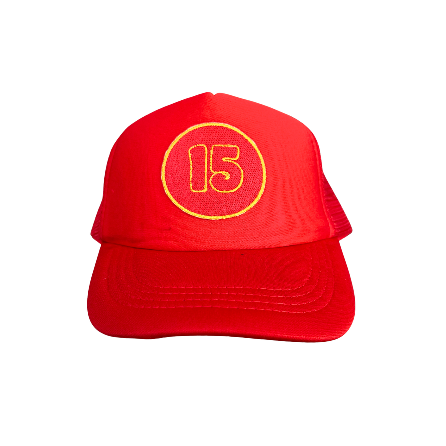 15" red trucker hat with embroidered "15" patch inspired by Patrick Mahomes, handmade in Kansas City.