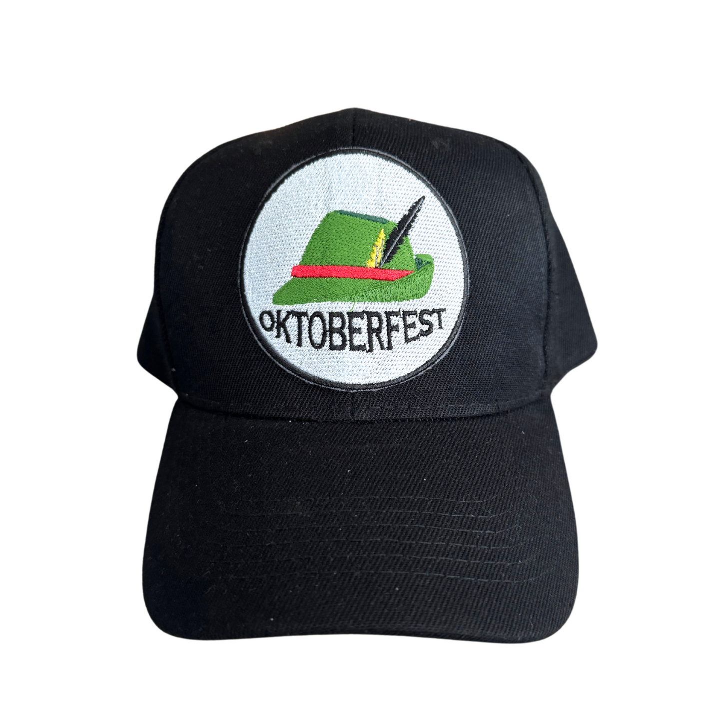 Oktoberfest black baseball cap with embroidered German hat patch, handmade in Kansas City.
