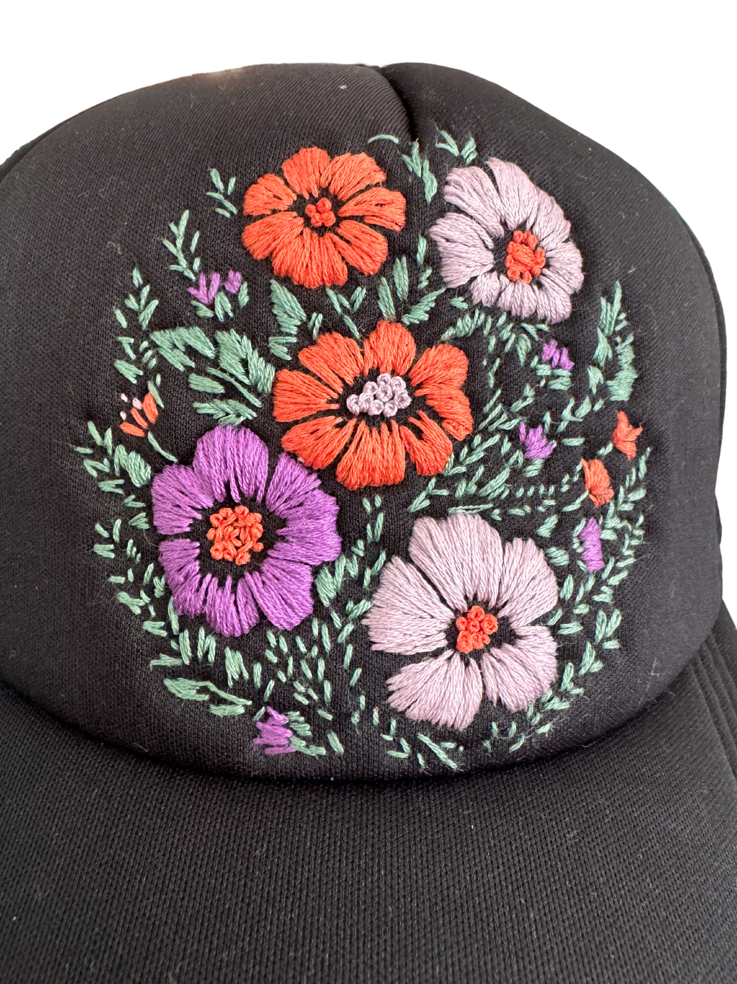 Black Floral Bouquet Hat – Hand-Embroidered Flower Design, Ready to Ship, Made in Kansas City