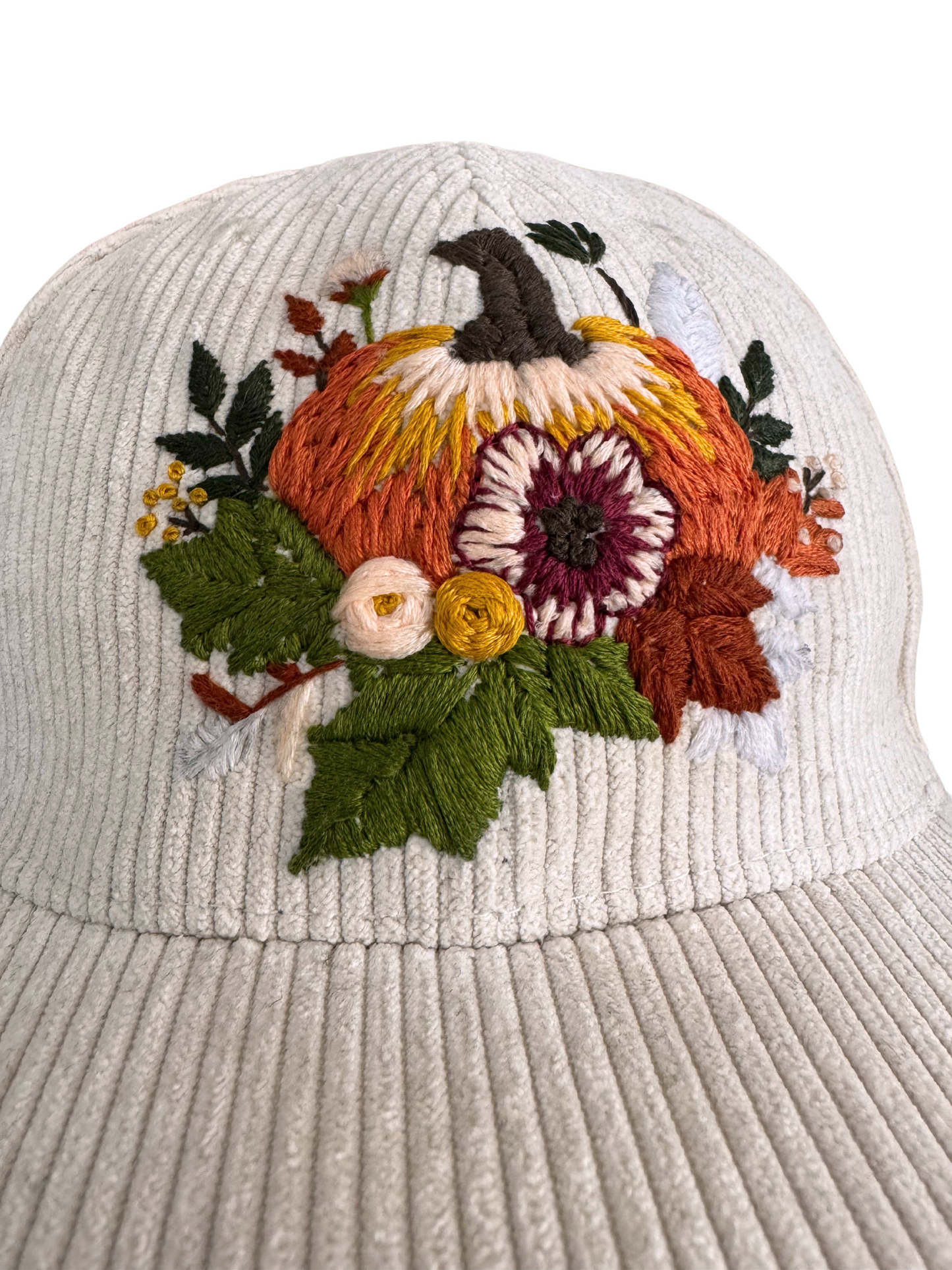 Cream Corduroy Pumpkin Hat – Hand-Embroidered Fall Floral Design, Ready to Ship, Made in Kansas City
