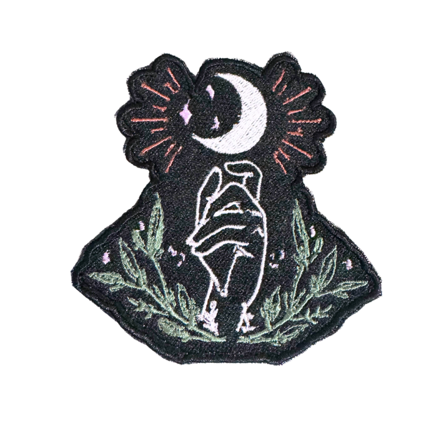 Mystical Moon and Hand iron-on patch with crescent moon and leafy design on black background.