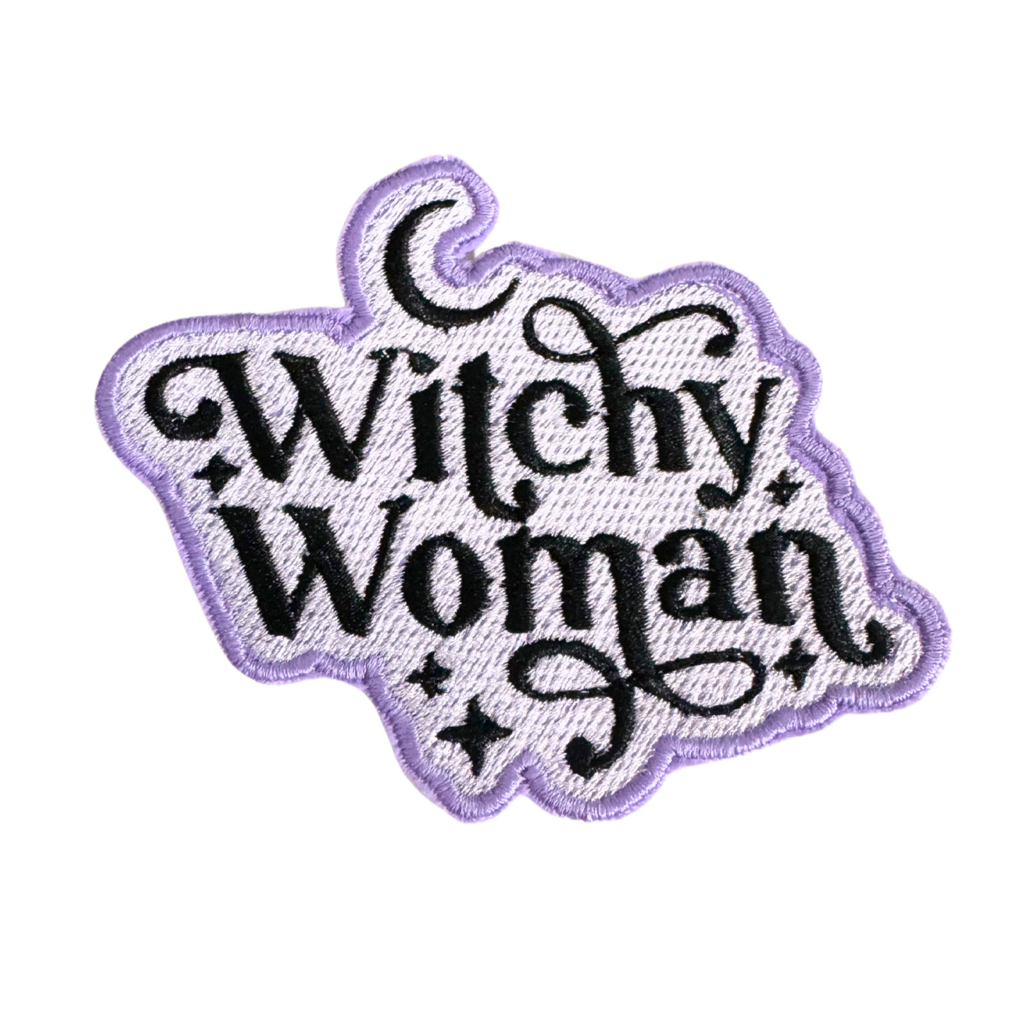 Witchy Woman iron-on patch with celestial accents and purple border.