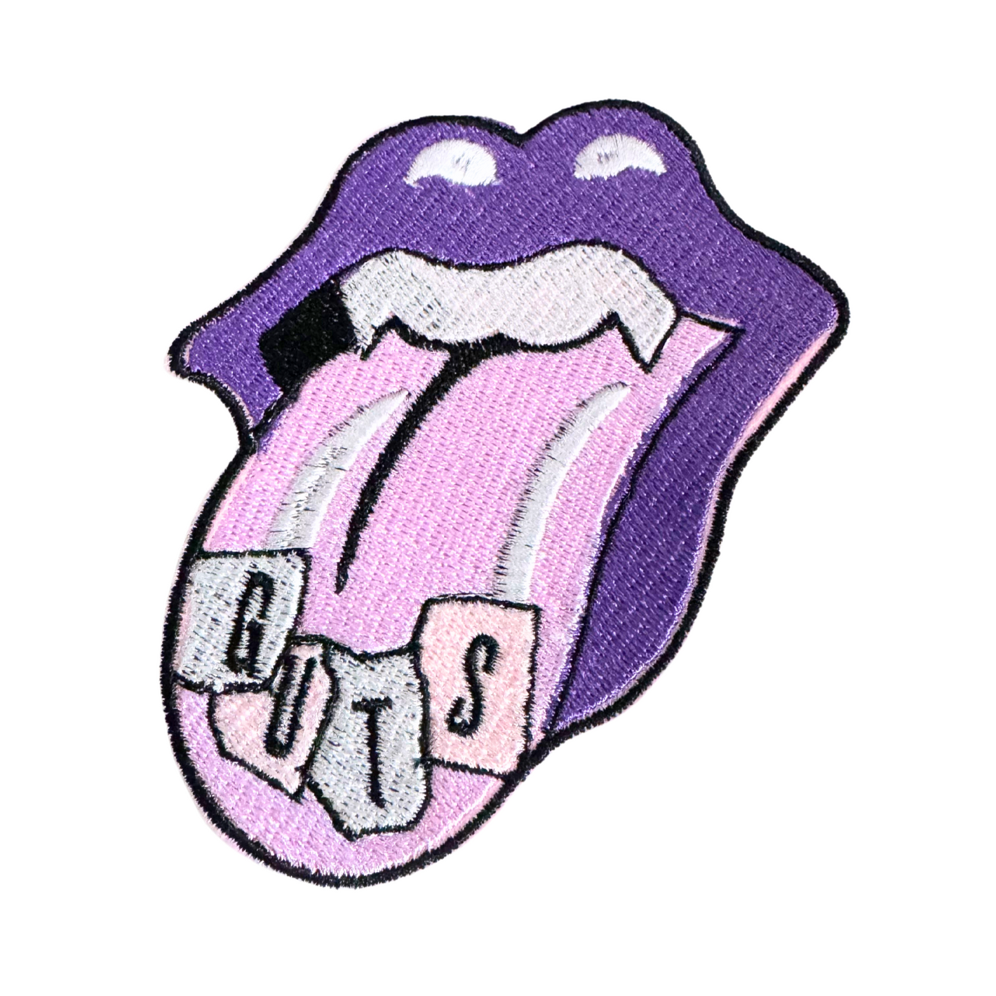 Olivia Rodrigo inspired purple lips iron-on patch, handmade with bold "Guts" design.