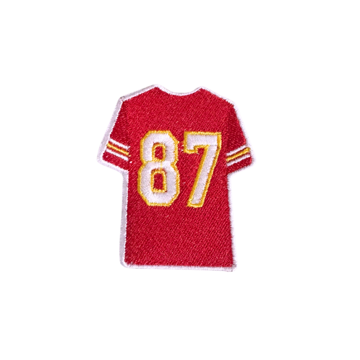 Handmade Chiefs colors 87 jersey iron-on patch with red, gold, and white embroidery.